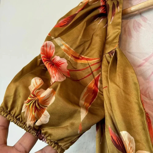 LPA Womens Mini Dress Size XS Brown Floral Short Sleeves V-Neck Revolve Chic - Picture 4 of 11